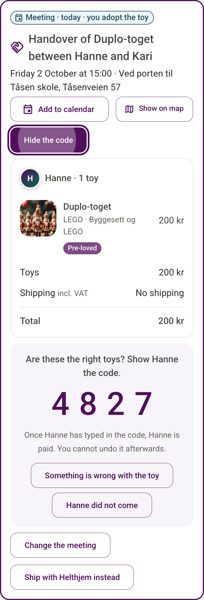 Screenshot: the buyer's code in Passport control, which the seller types in when you meet to hand over a pre-loved toy