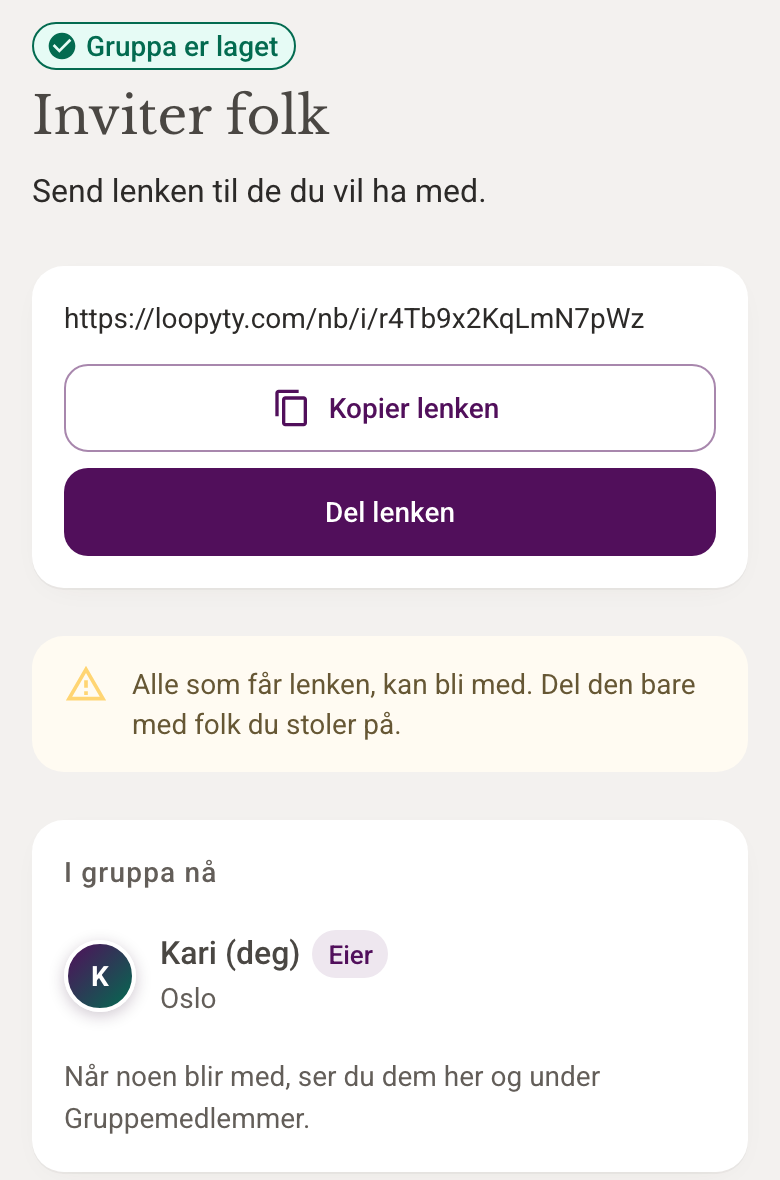 Skjermbilde: invitasjon til en Loopyty-gruppe med lenke du kan dele med naboer og venner